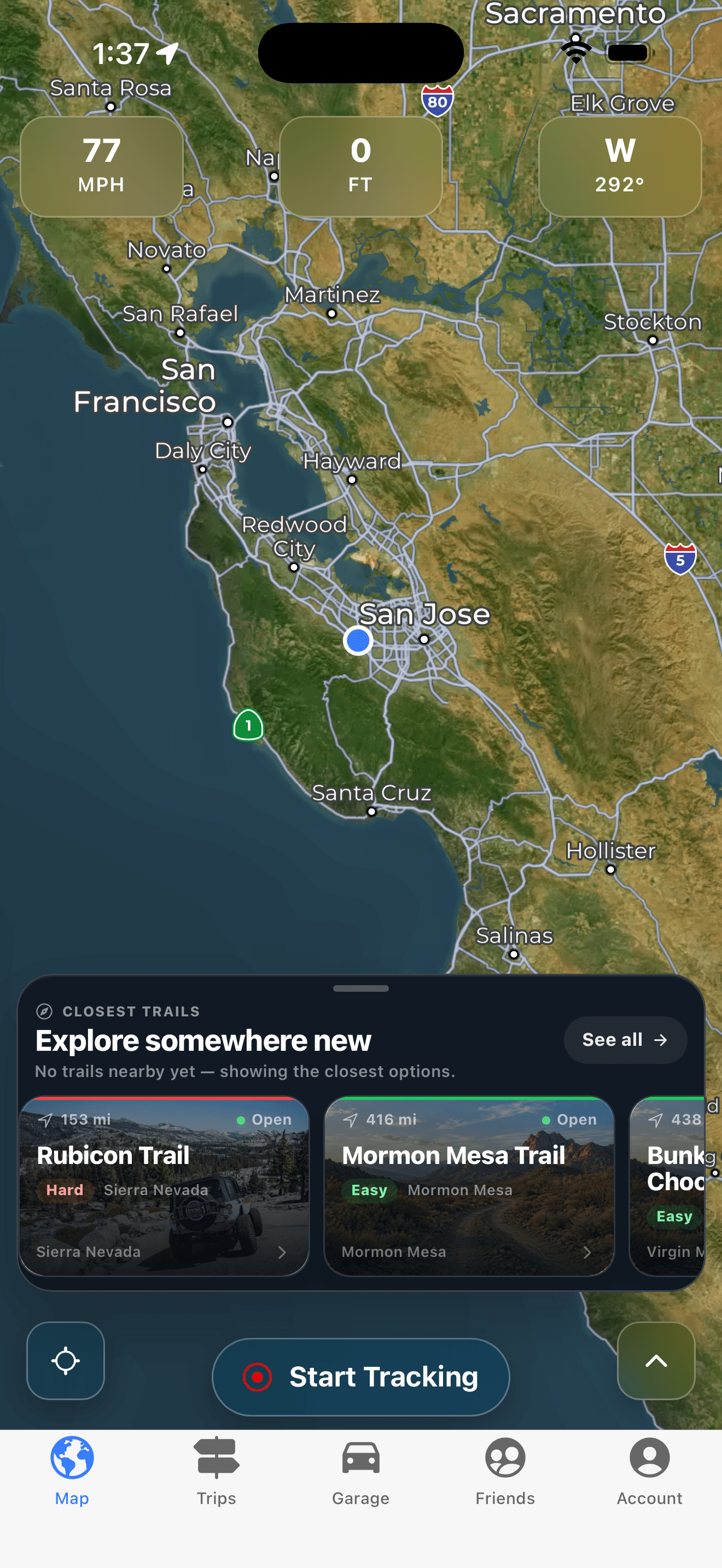 Offroadin map with live speed, elevation and heading and nearby trails