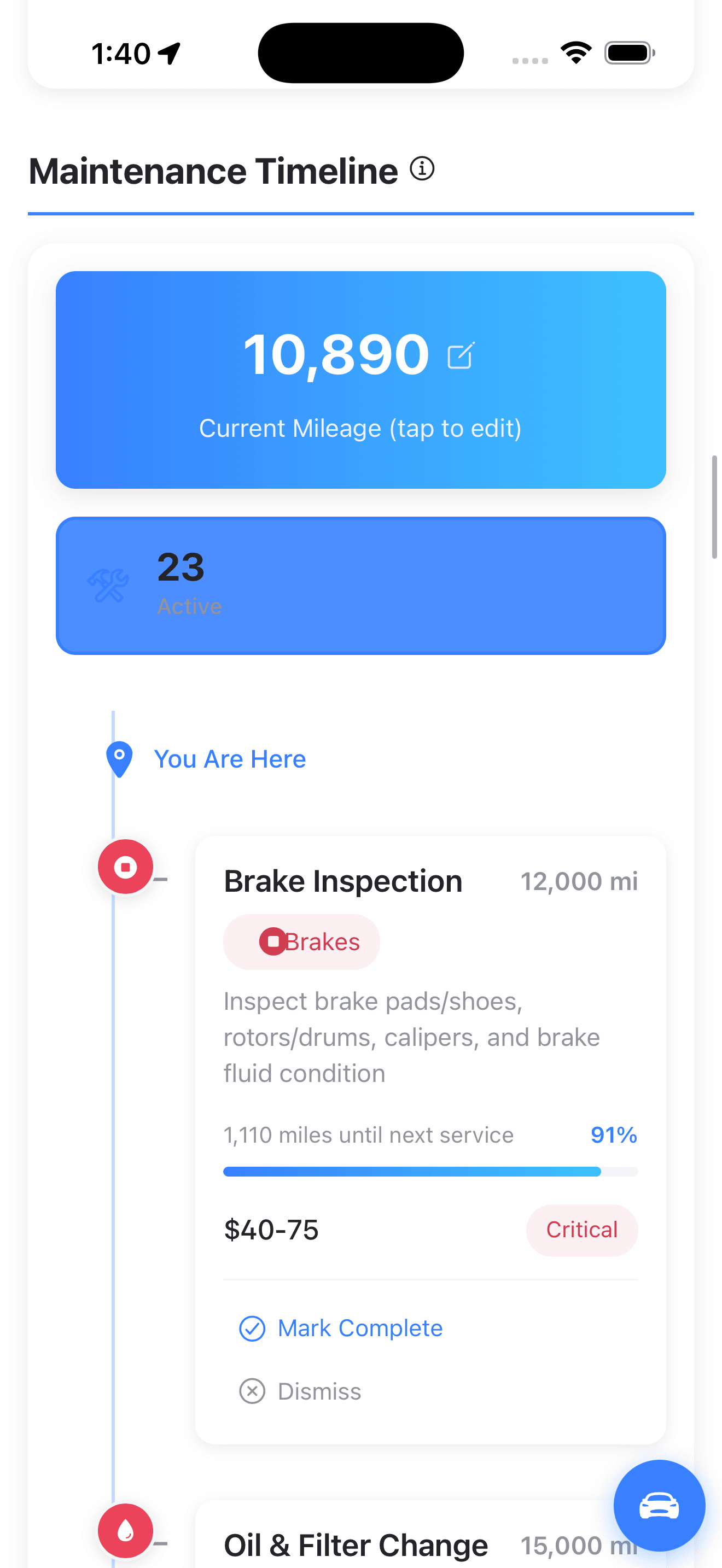 Maintenance timeline with mileage and service items