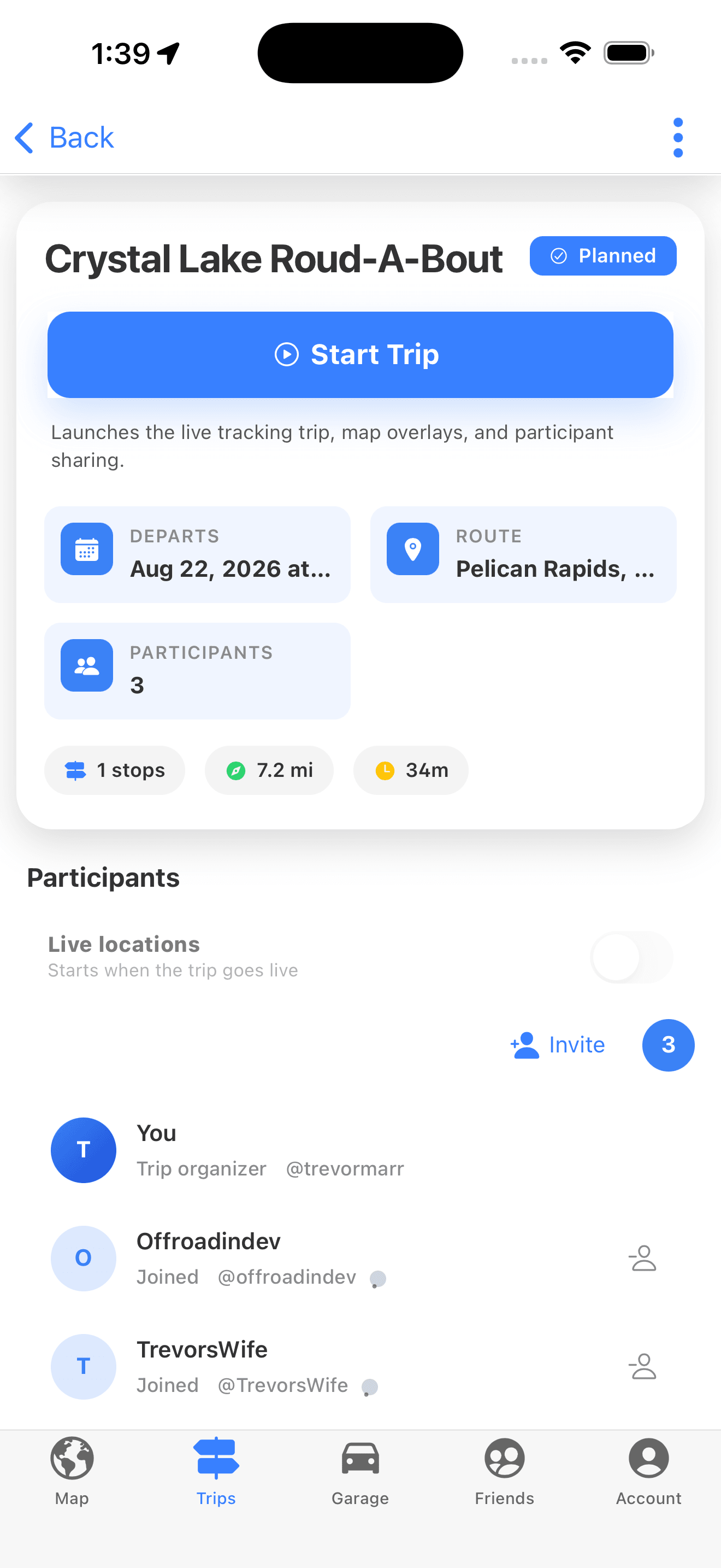 A planned trip with date, route, participants and an itinerary map