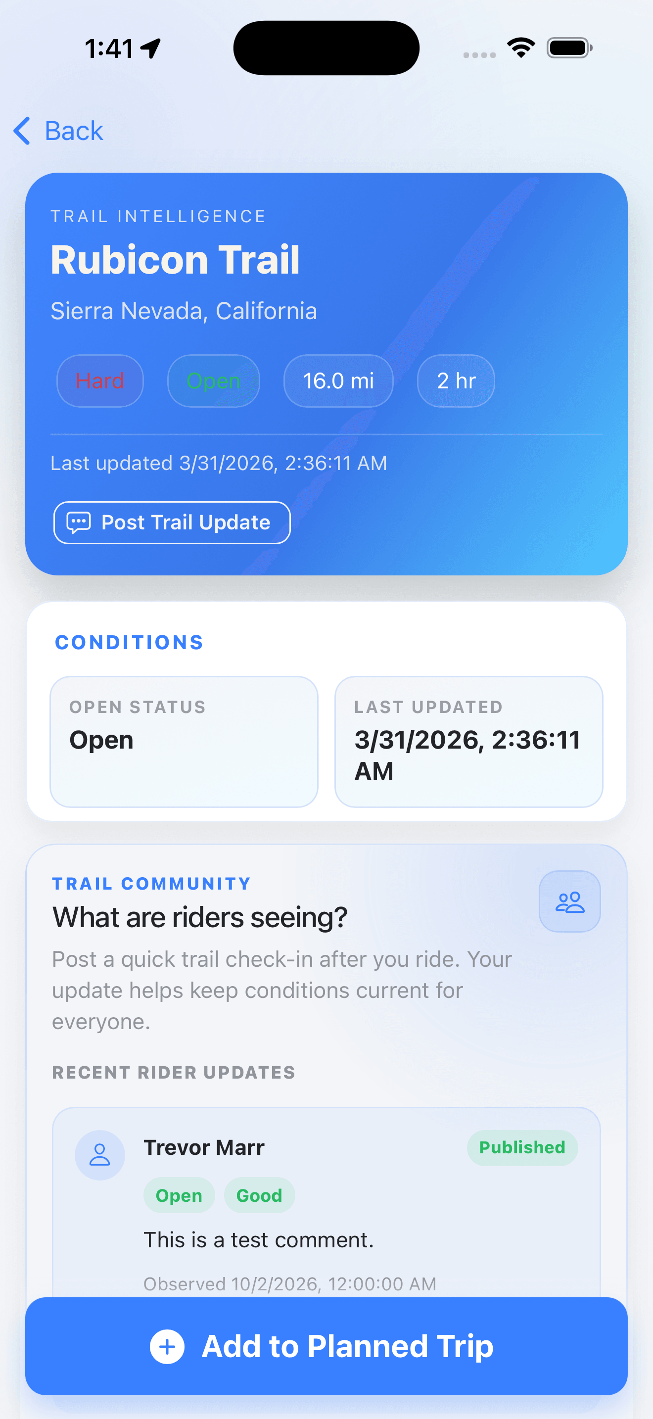 Trail details with difficulty, live conditions and rider updates