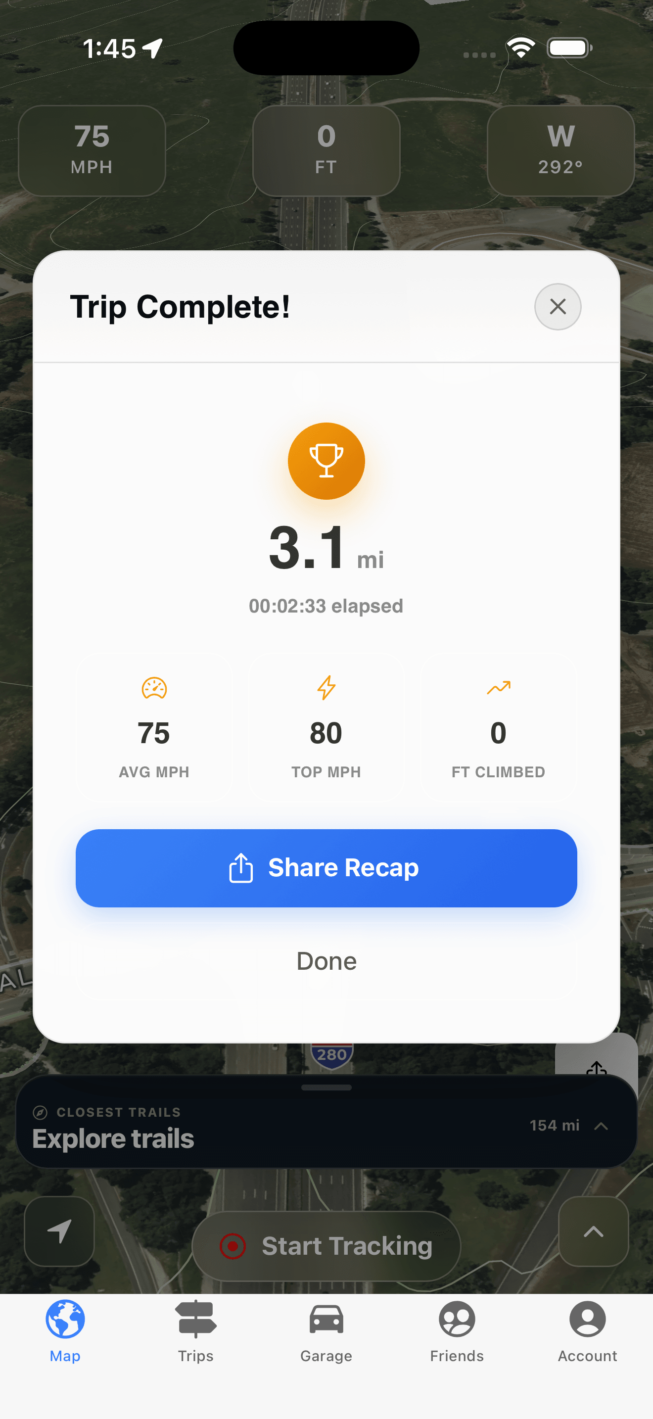 Trip complete recap with distance, speeds and share button