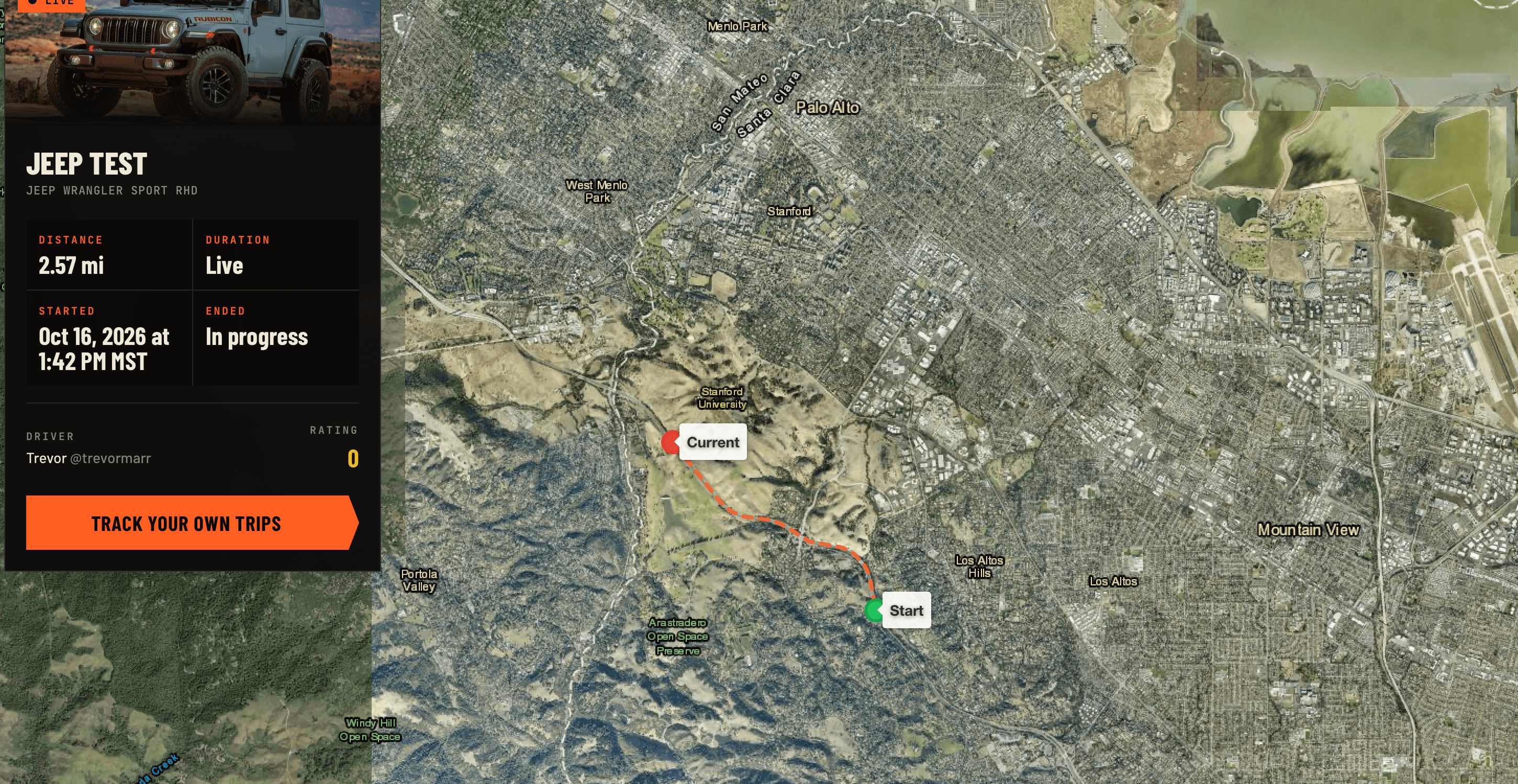 Live trip tracking page in a web browser